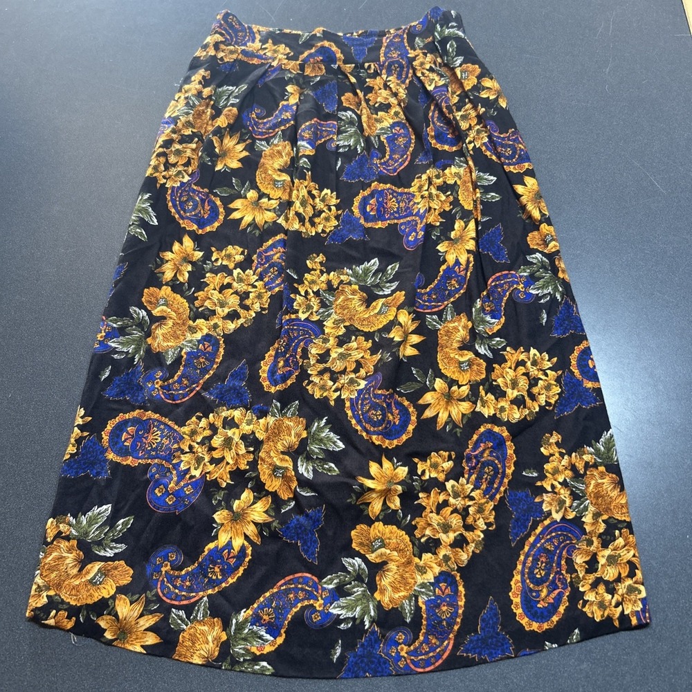 Lee Winter Vintage Floral Paisley Midi Skirt Black Gold Pleated USA Size L